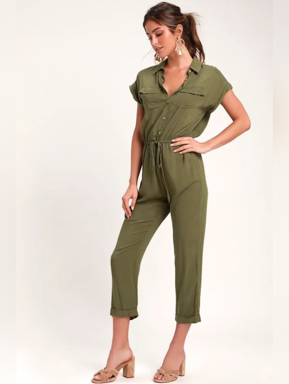 Olive Green Utility Safari Jumpsuit w/Front Pockets, Cinched Drawstring, Chic - Picture 4 of 16